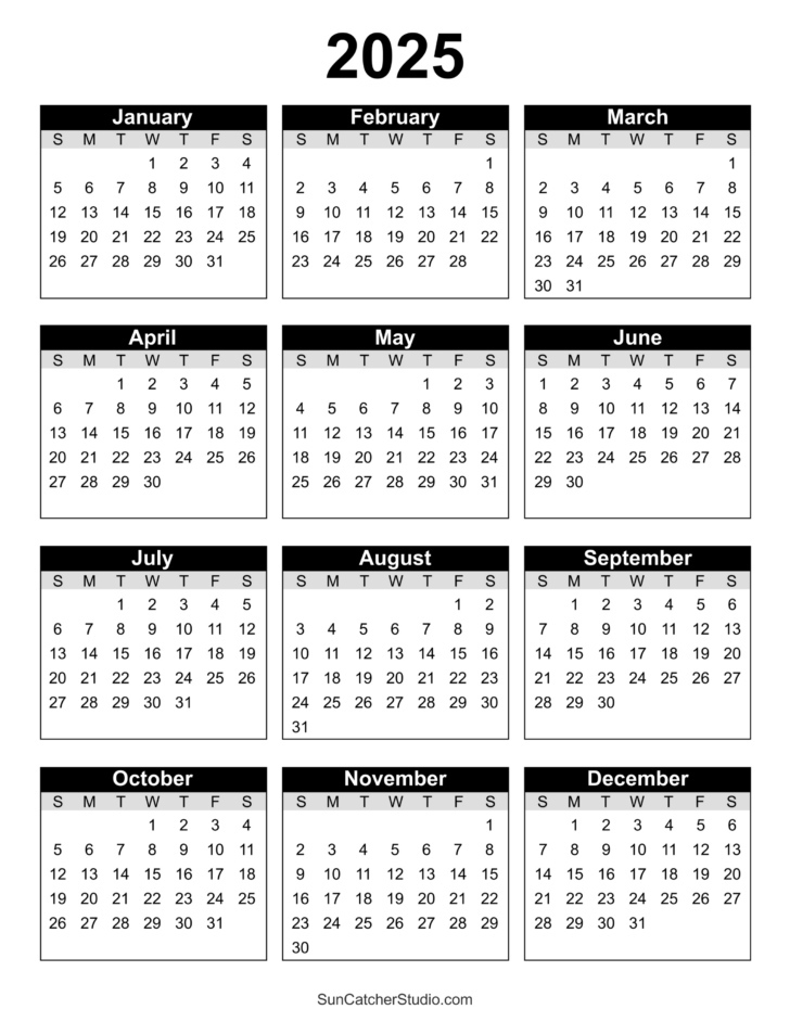 Printable One Year Calendar 2025