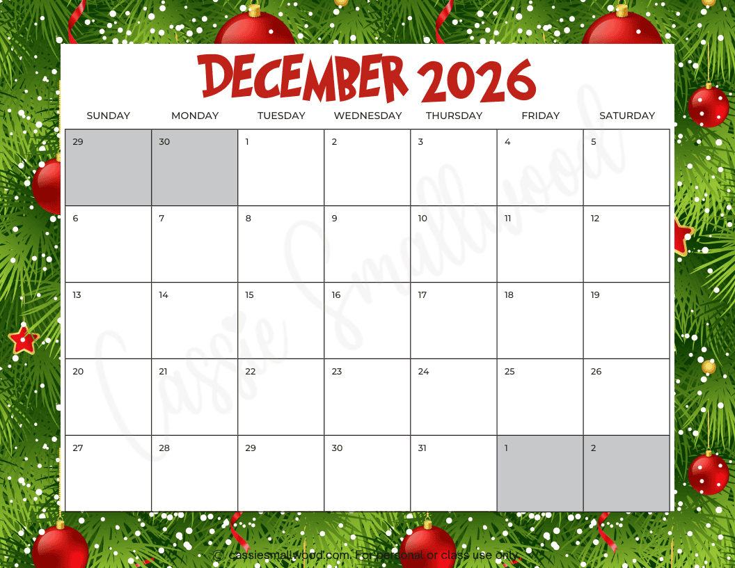 Free Printable 2026 December Calendar - Cassie Smallwood within Free Printable Calendar 2026 Monthly