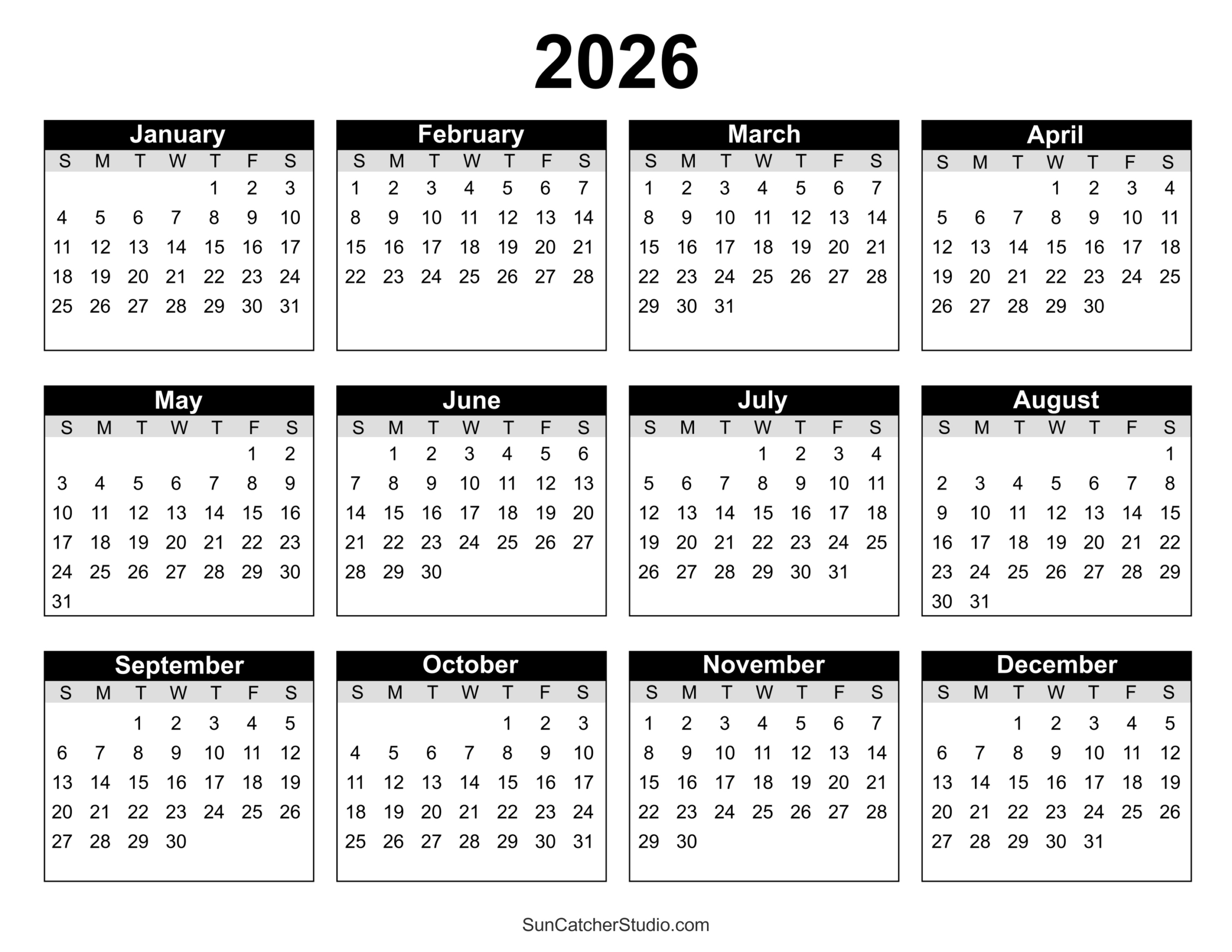 Free Printable 2026 Yearly Calendar – Diy Projects, Patterns in Free 2026 Printable Calendar