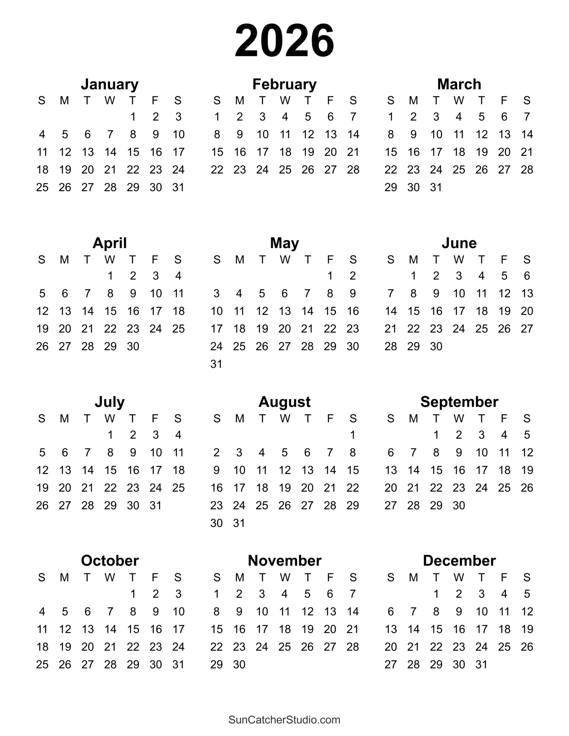 Free Printable 2026 Yearly Calendar – Diy Projects, Patterns regarding Free 2026 Printable Calendar