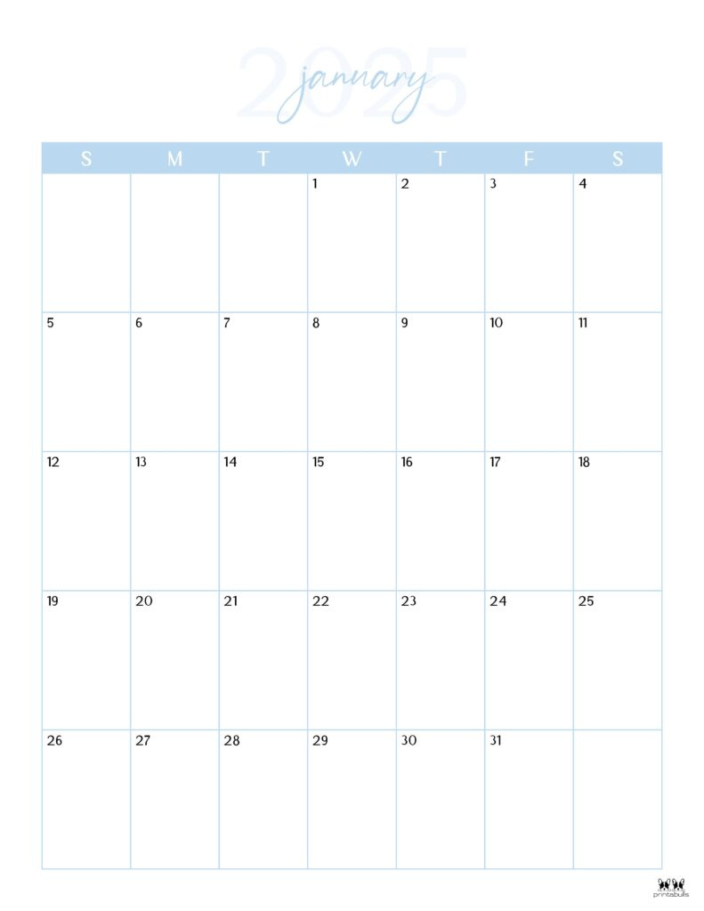 January 2025 Calendars - 107 Free Printables | Printabulls for January Blank Calendar 2025 Printable