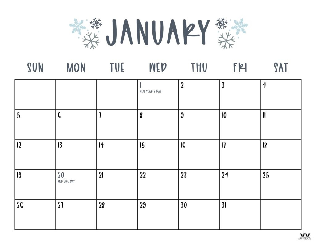 January 2025 Calendars - 107 Free Printables | Printabulls in 2025 Monthly Calendar with Holidays Printable Free Download