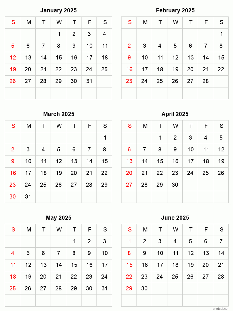 January To June 2025 Printable Calendar | Six Months Per Page inside 6 Month Calendar Printable 2025