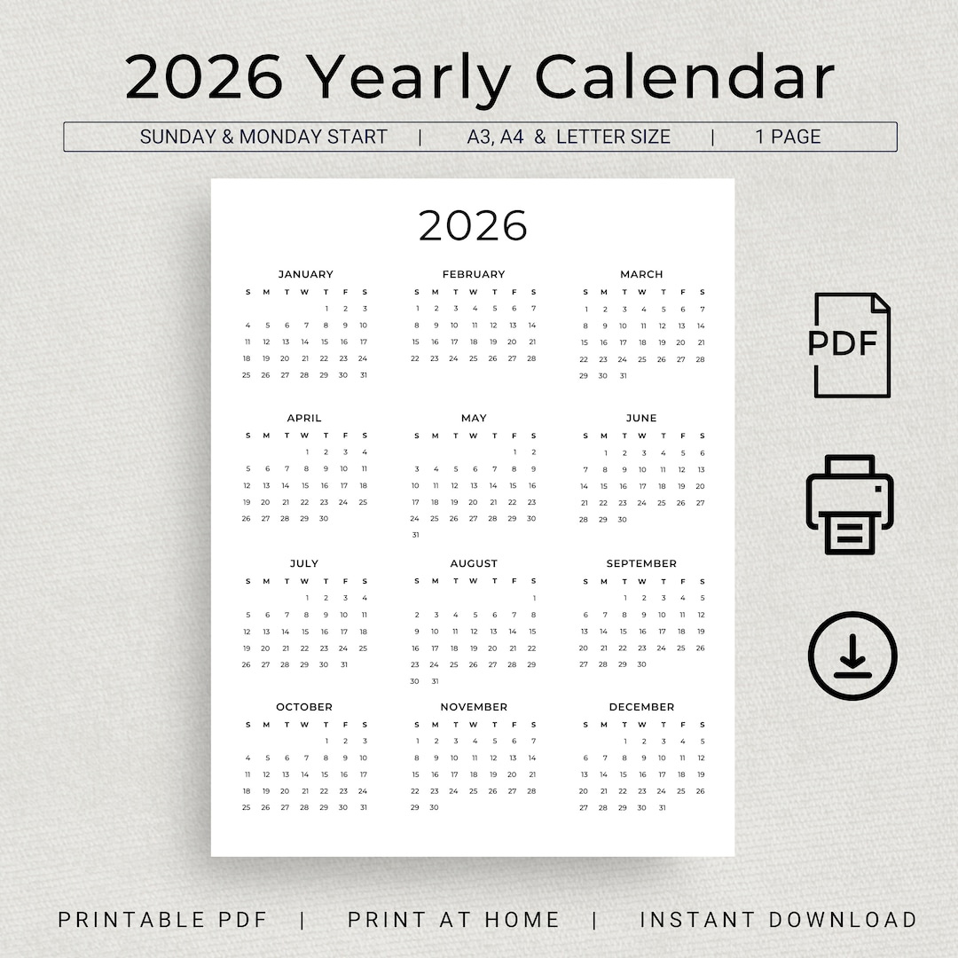 Kalender 2026, Jahreskalender 2026, Zum Ausdrucken, Wandkalender 2026, Jahr 2026 Auf Einen Blick, Minimalistischer Kalender, A3, A4, Buchstabe Montag pertaining to Printable 2026 Yearly Calendar