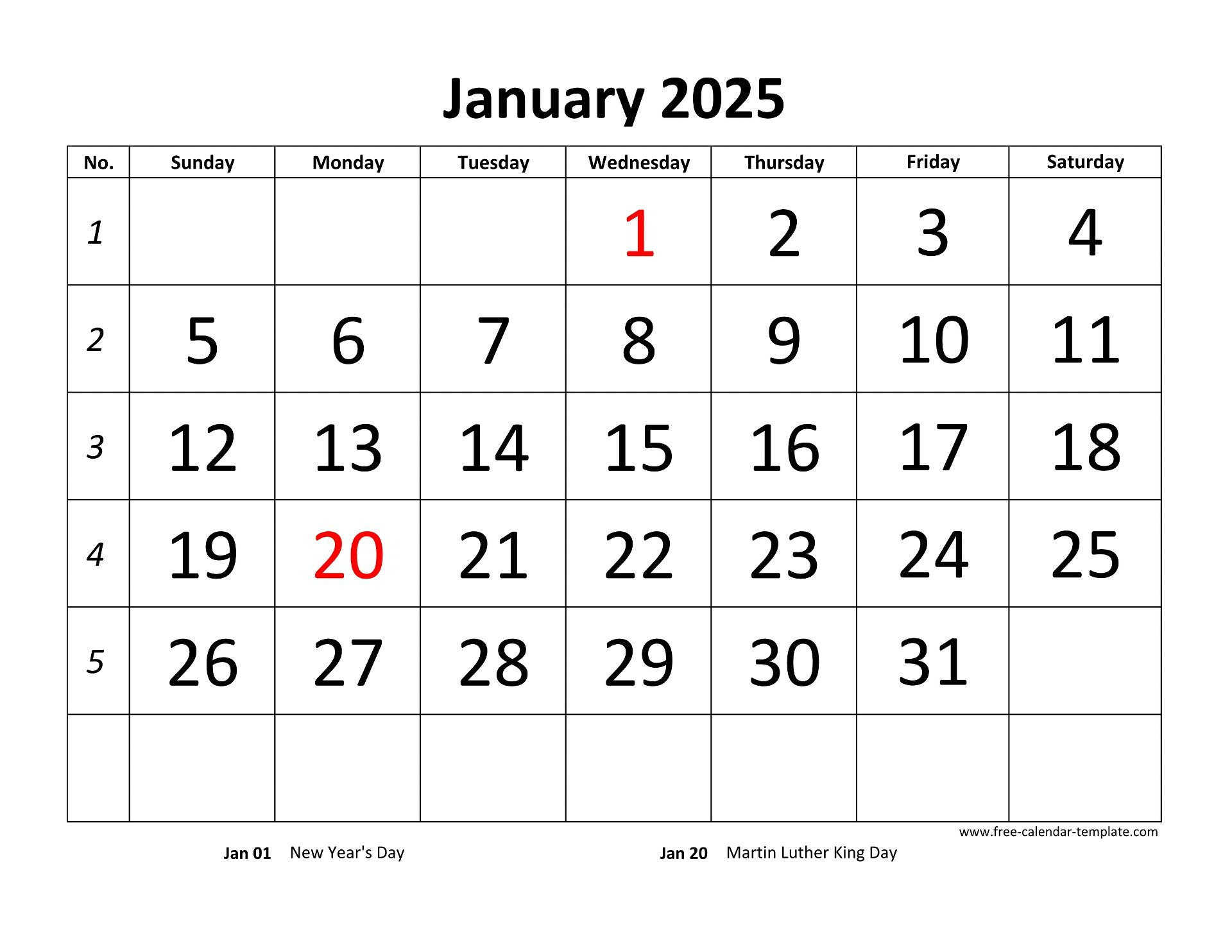 Monthly 2025 Calendar Designed With Large Font (Horizontal) | Free with regard to Free 2025 Monthly Calendar Printable