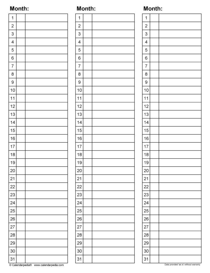 3 Month Vertical Calendar Printable