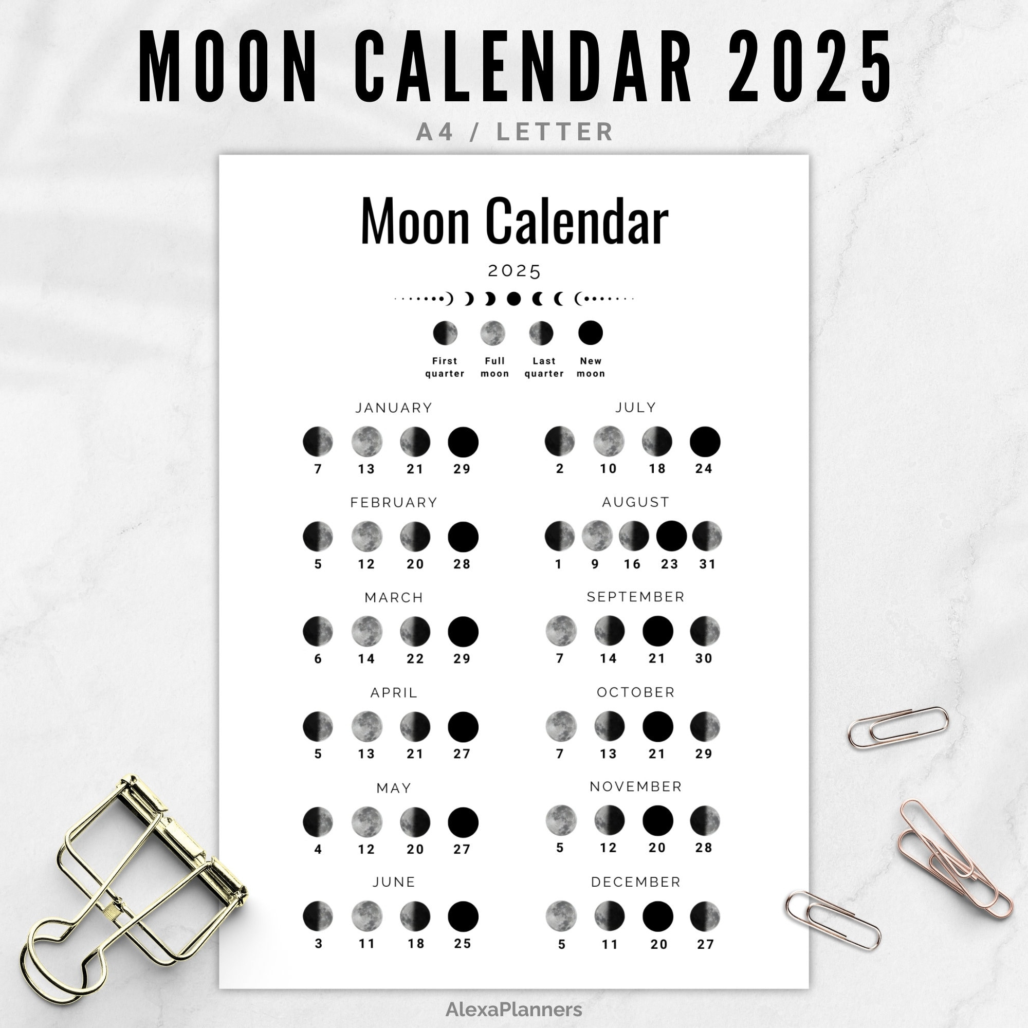 Moon Phase Calendar 2025, A4 / Letter Size Lunar Calendar - Etsy in Free Printable Lunar Calendar 2025