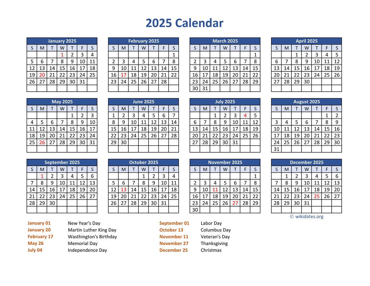 Pdf Calendar 2025 With Federal Holidays | Wikidates in 2025 Calendar Printable Wiki