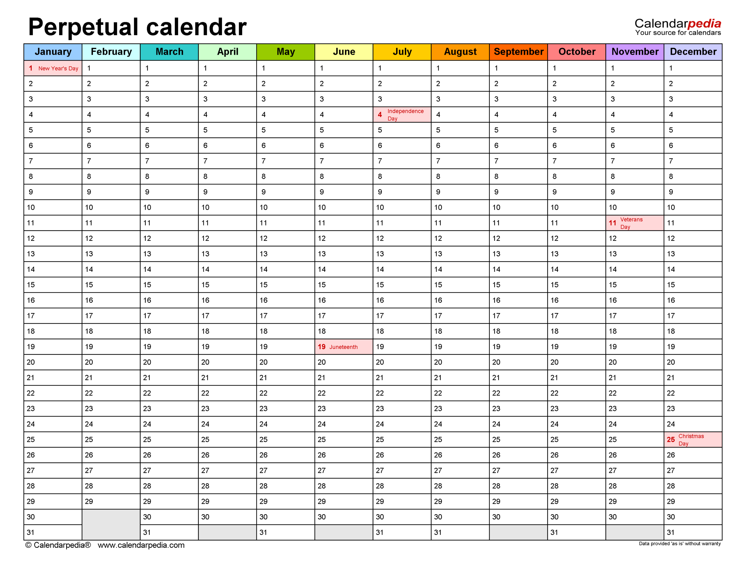 Perpetual Calendars - Free Printable Pdf Templates intended for 365 Day Calendar Printable