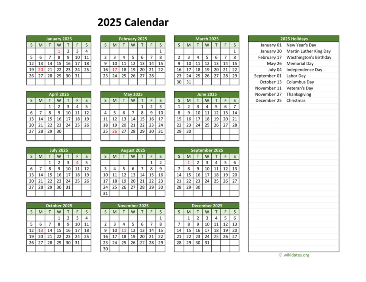 2025 Calendar Federal Holidays Printable