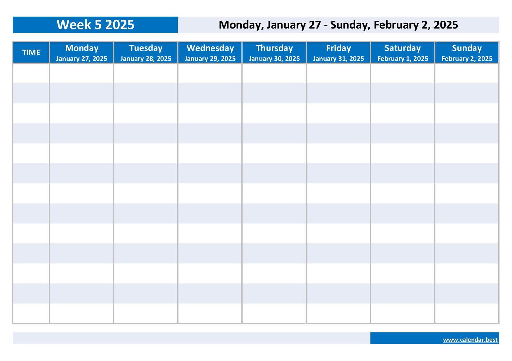 Printable 2025 Weekly Calendar regarding Blank 5 Week Calendar 2025 Printable