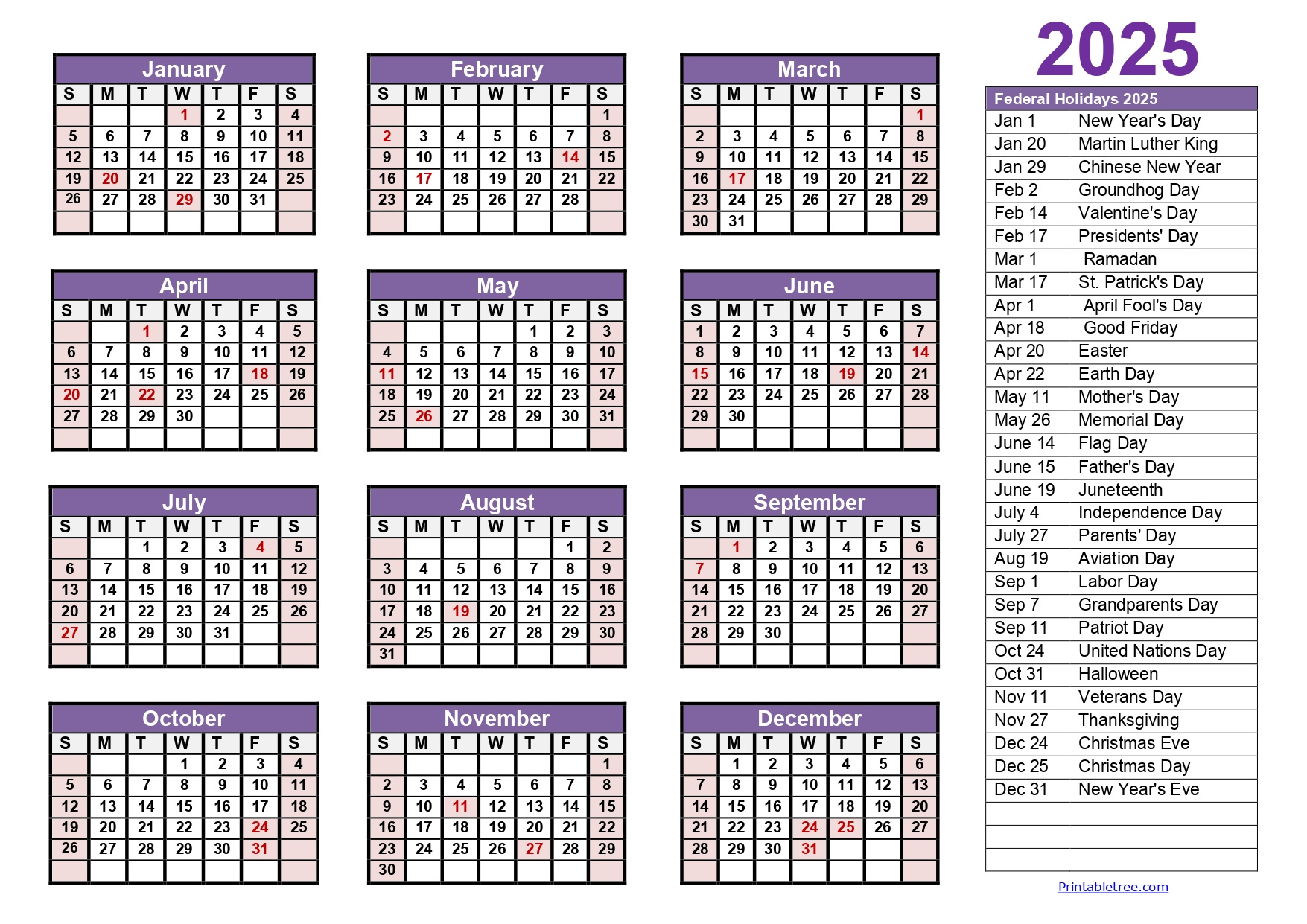 Printable Calendar 2025 One Page With Holidays (Single Page) 2025 in Free 2025 Printable Calendar One Page Free Download