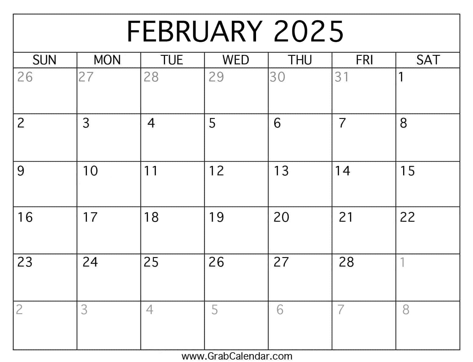 Printable February 2025 Calendar for 2025 Calendar Printable February