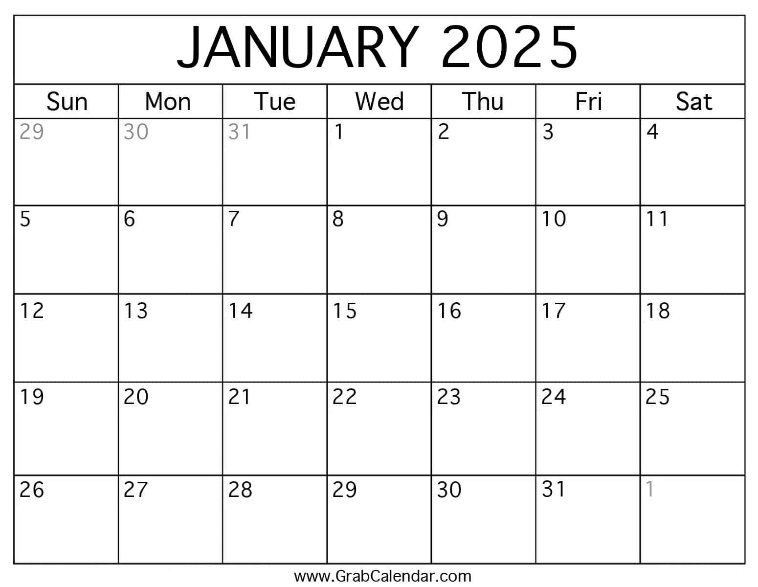 Printable January 2025 Calendar intended for Free Printable Monthly Calendar January 2025