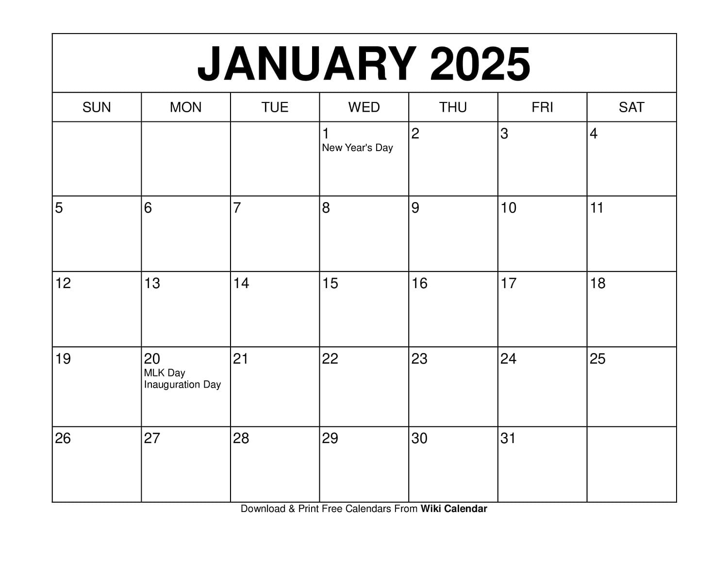 Printable January 2025 Calendar Templates With Holidays intended for 2025 Calendar Printable Wiki