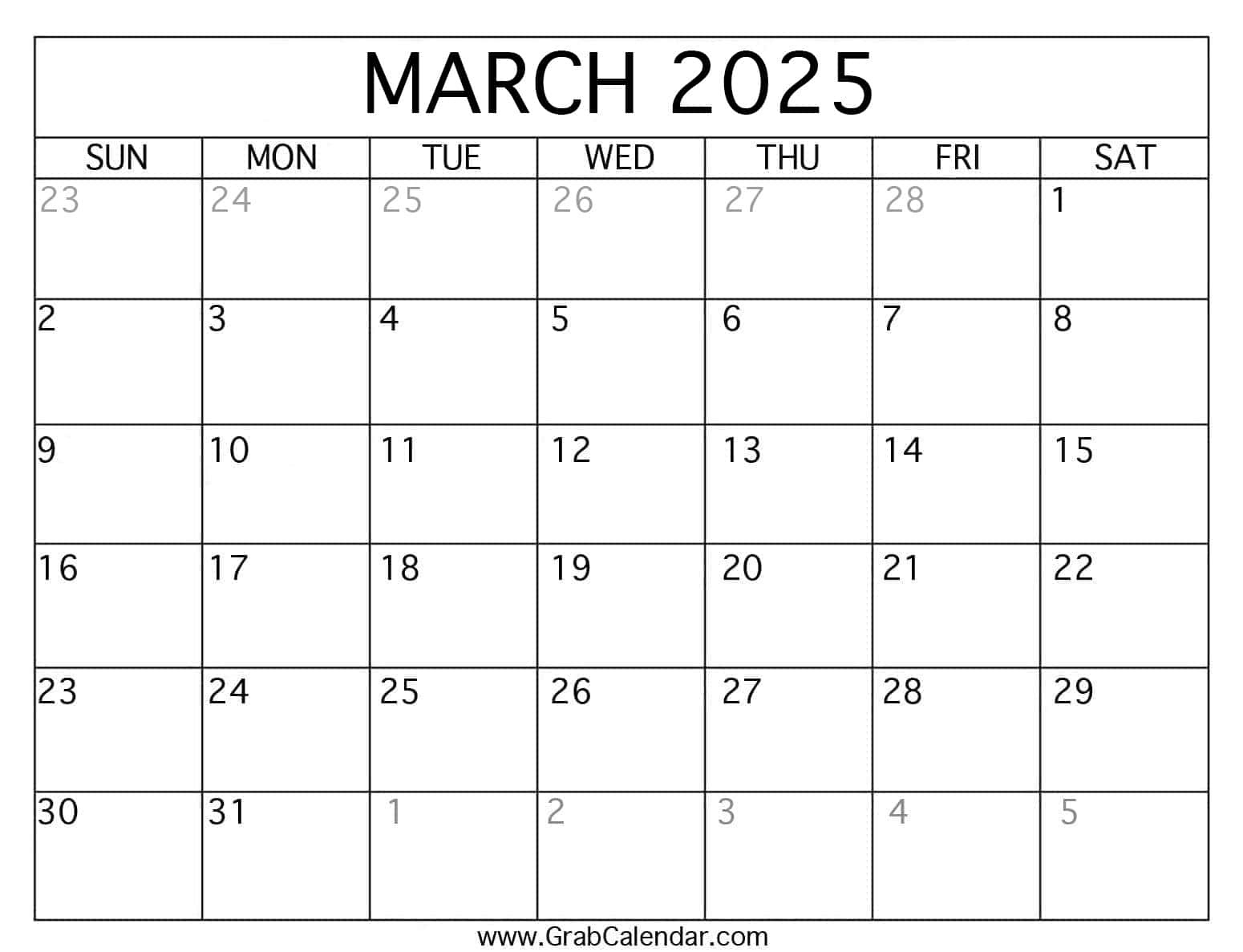 Printable March 2025 Calendar for Blank March 2025 Calendar Printable