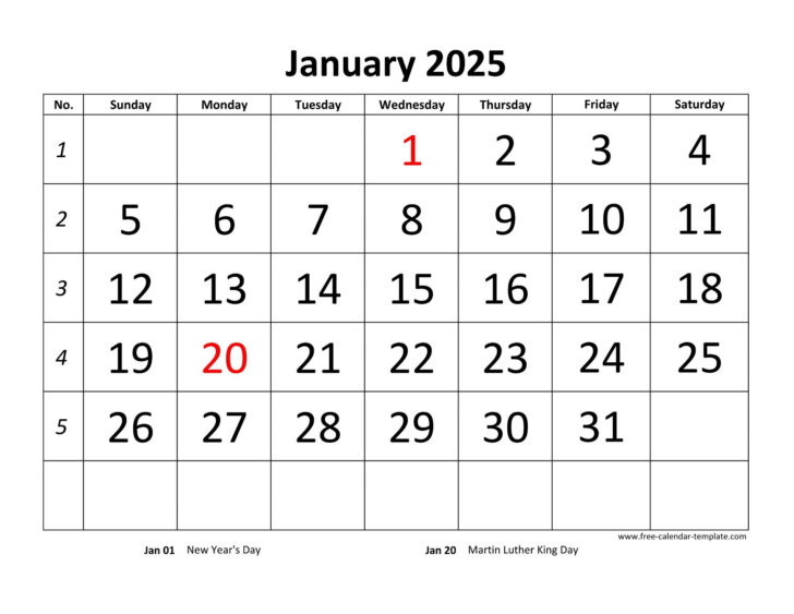 Free Printable Calendar 2025 Numbers