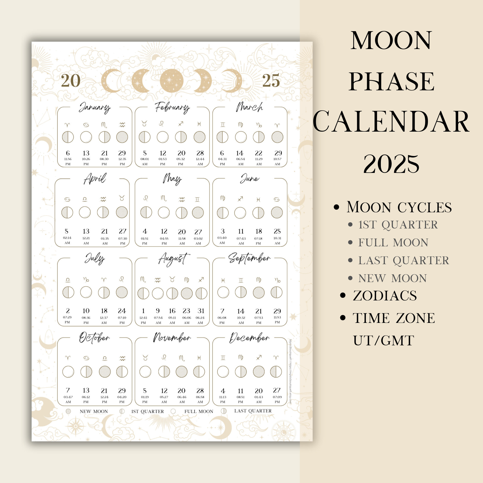 Printable Pdf Lunar Calendar, Moon Phase Calendar 2025 - Etsy inside Free Printable Lunar Calendar 2025