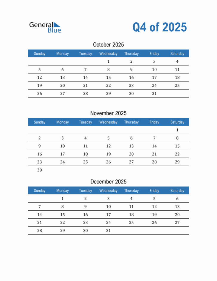 2025 4th Quarter Calendar Printable