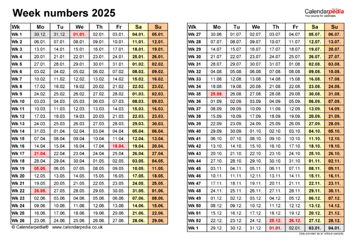 2025 Calendar Weeks Printable