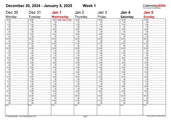 Weekly Calendar 2025 by Hour Printable