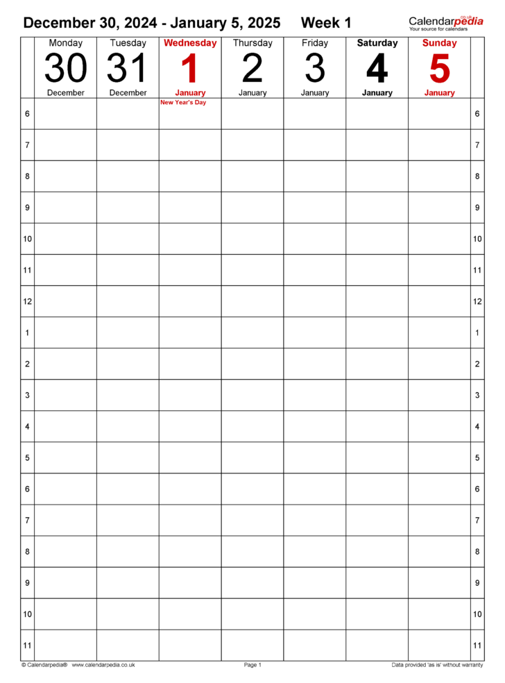 Printable Week Calendar 2025 with Times