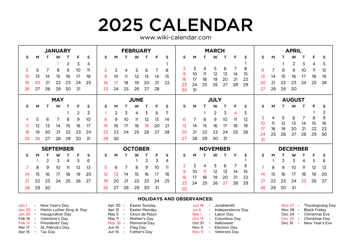 Year 2025 Calendar Printable With Holidays - Wiki Calendar in 2025 Calendar Images Printable