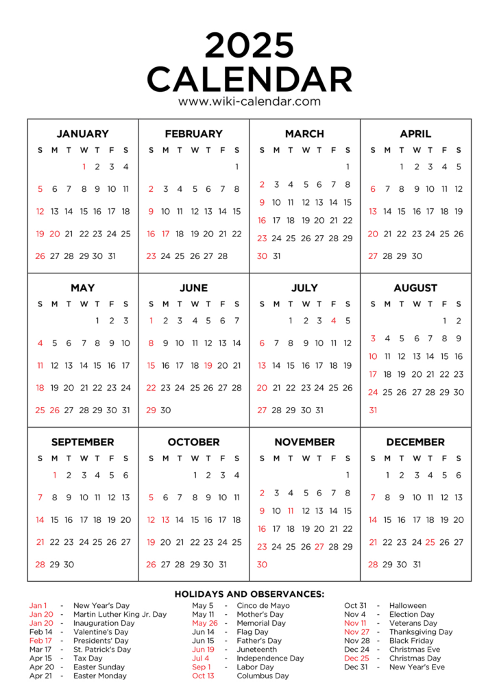 Free Printable Calendar 2025 with Us Holidays