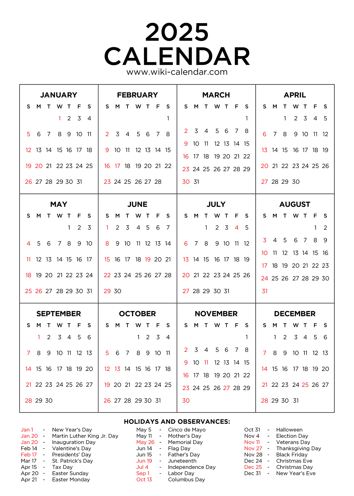 Year 2025 Calendar Printable With Holidays - Wiki Calendar with 2025 Calendar Printable with Holidays USA