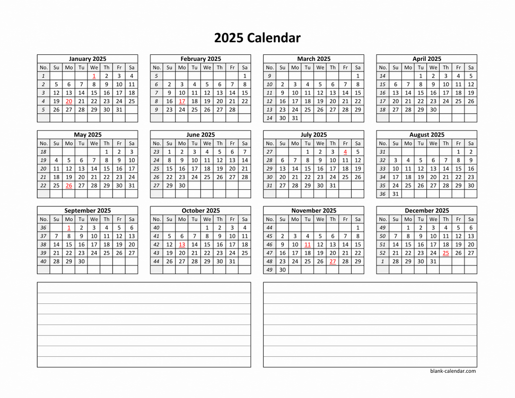 Yearly 2025 Calendars in Printable Calendar 2025 with Notes